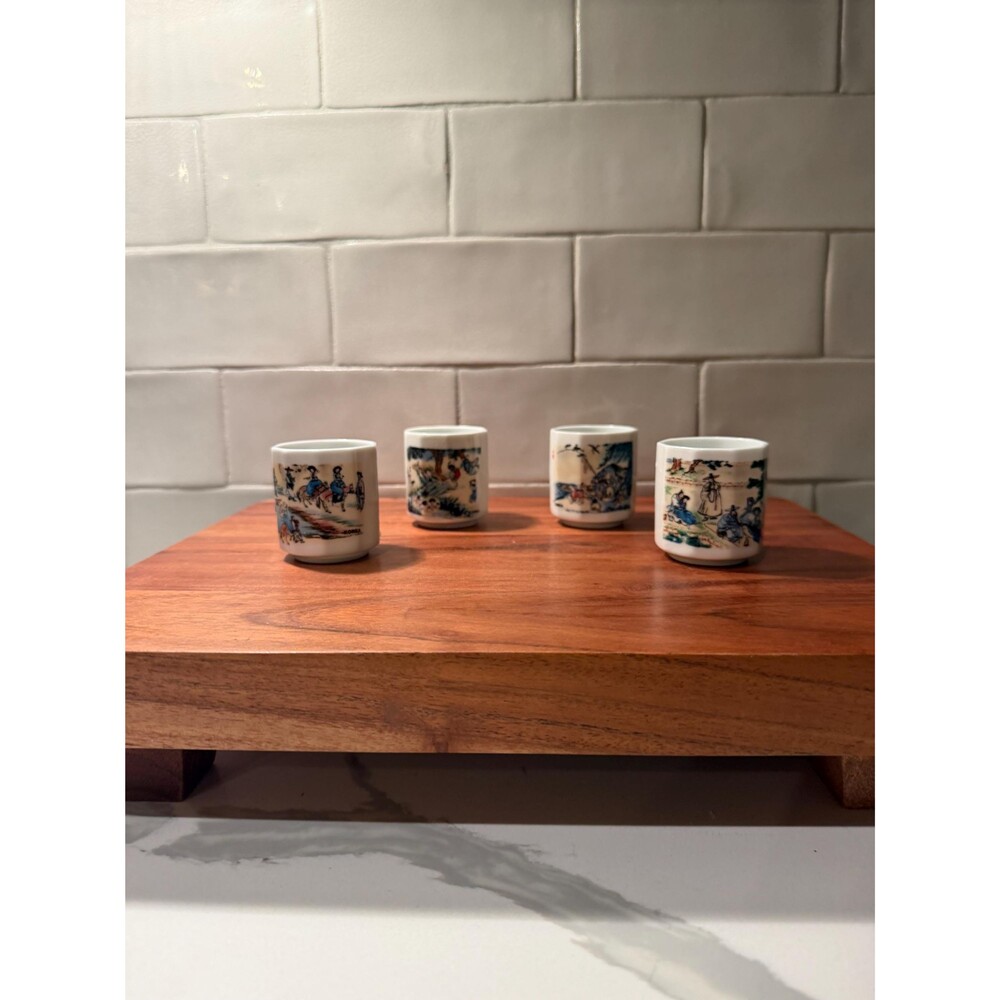 Vintage Korean Soju Cups Set of 4, Ceramic Tea Sake Cups Hand Painted